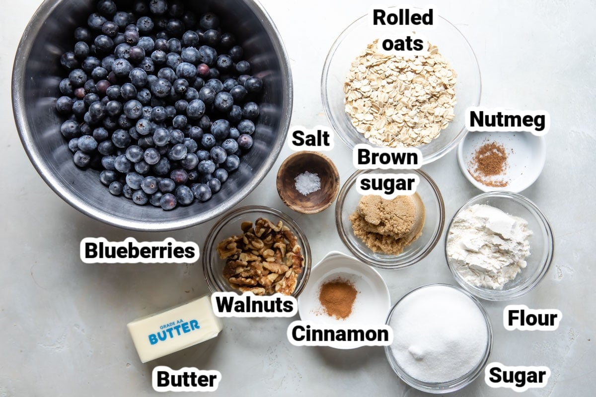 Labeled ingredients for blueberry crisp.