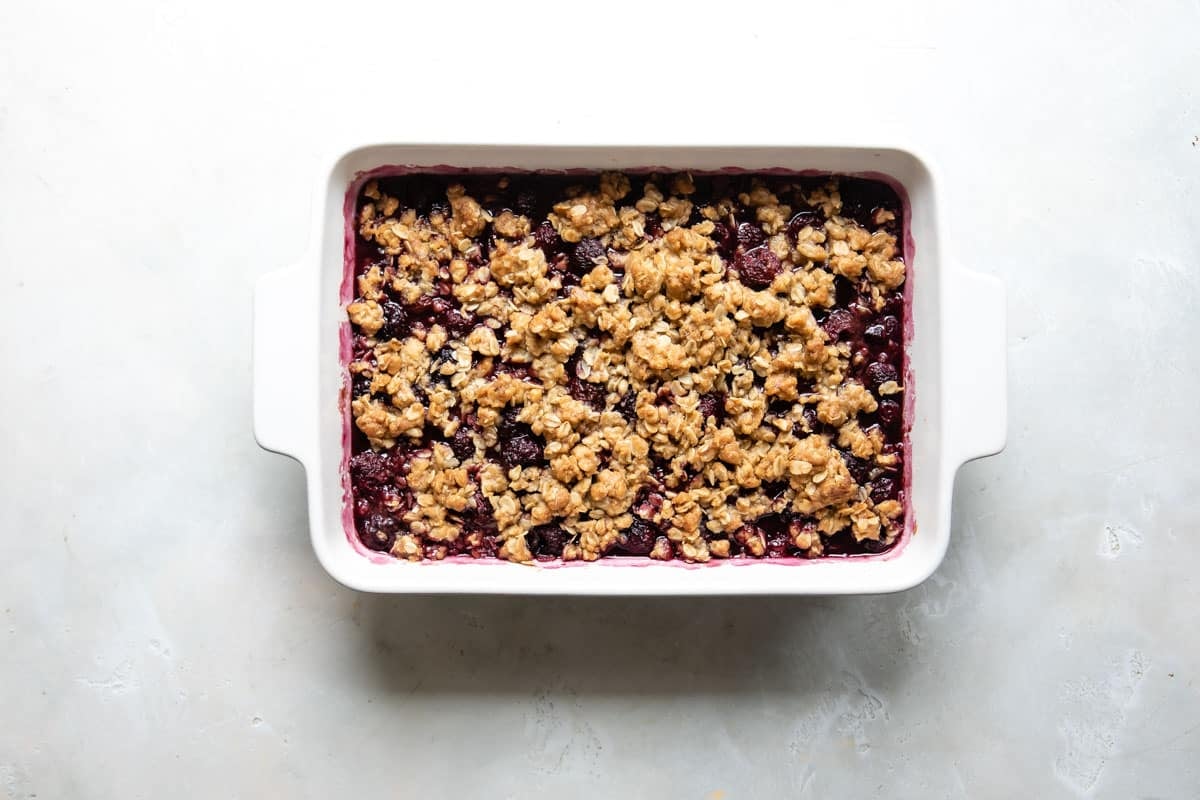 A fully baked Cherry crisp with crunchy topping.