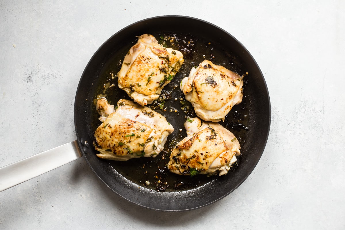 Cilantro-lime chicken in a skillet.