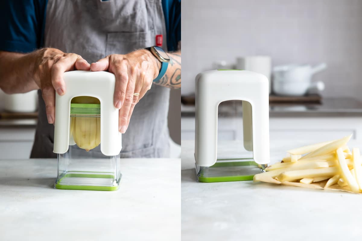 Using a Progressive French fry cutter to cut a potato into matchsticks.