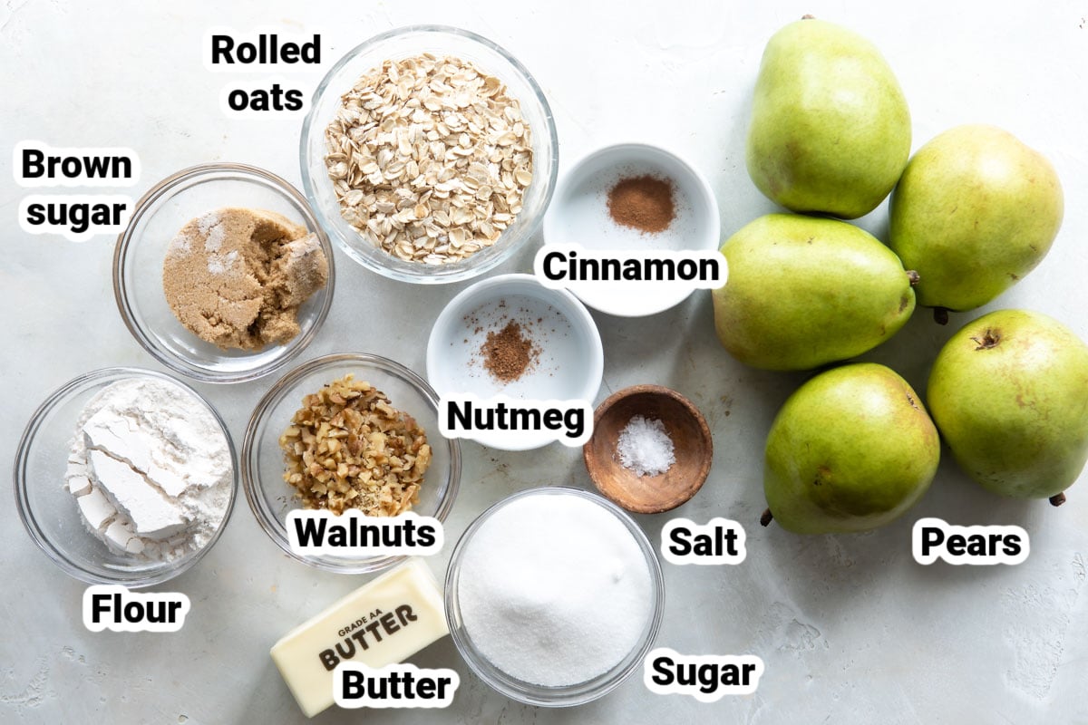 Labeled ingredients for pear crisp.