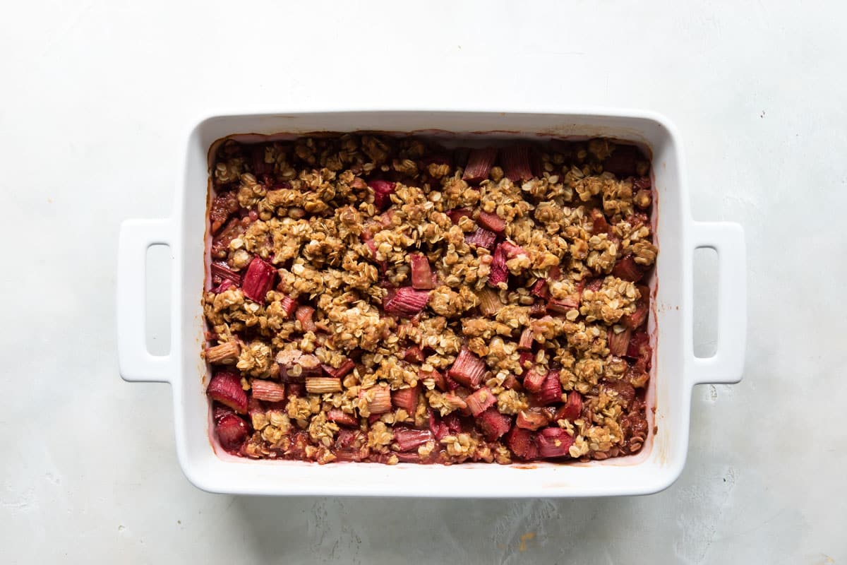 A fully-baked rhubarb crisp.