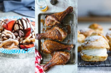 A collage with a funnel cake, smoked turkey legs, and a cream puff.