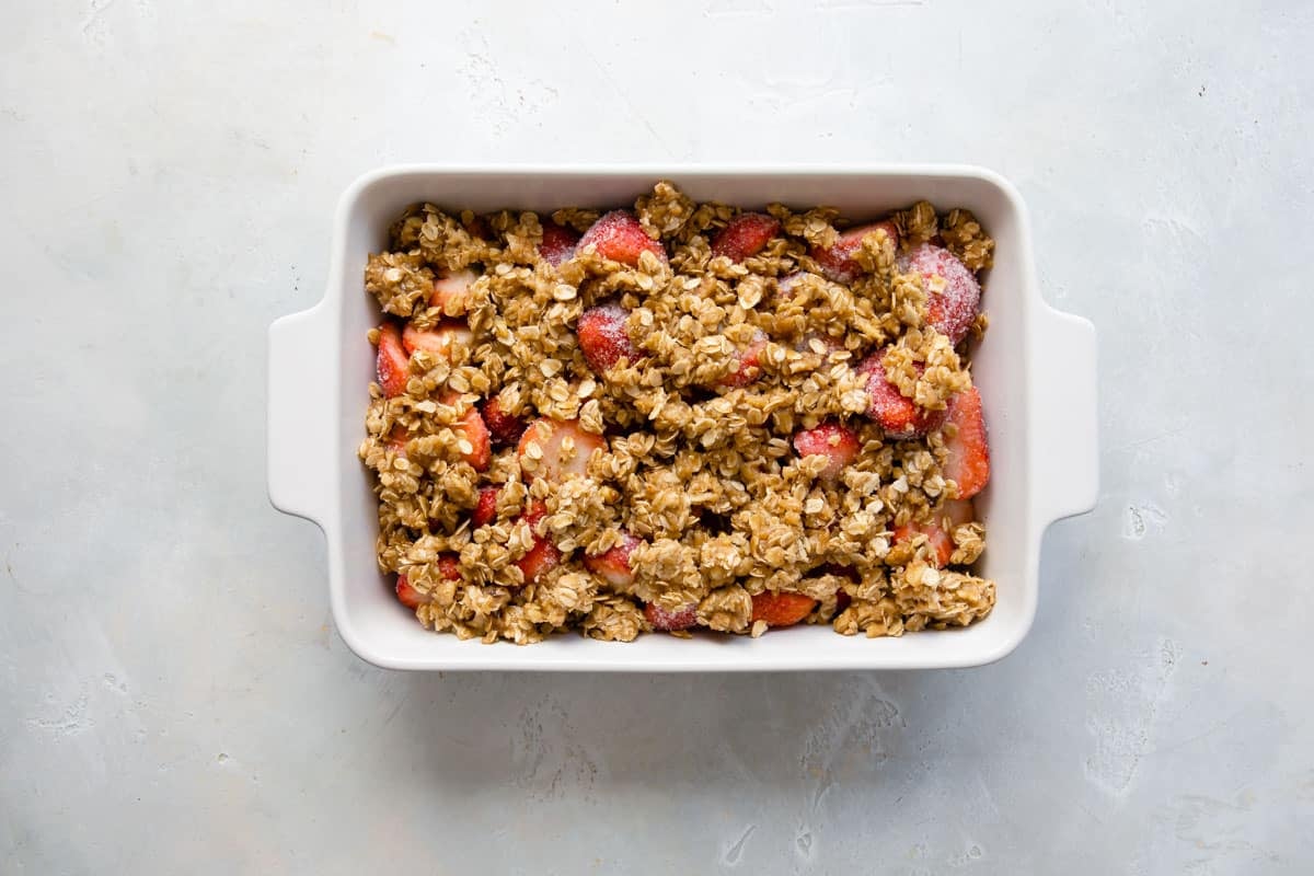 An unbaked strawberry crisp.