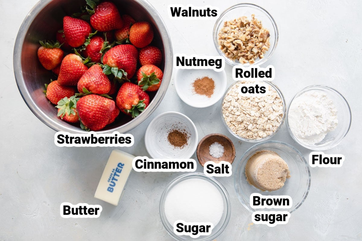 Labeled ingredients for strawberry crisp.