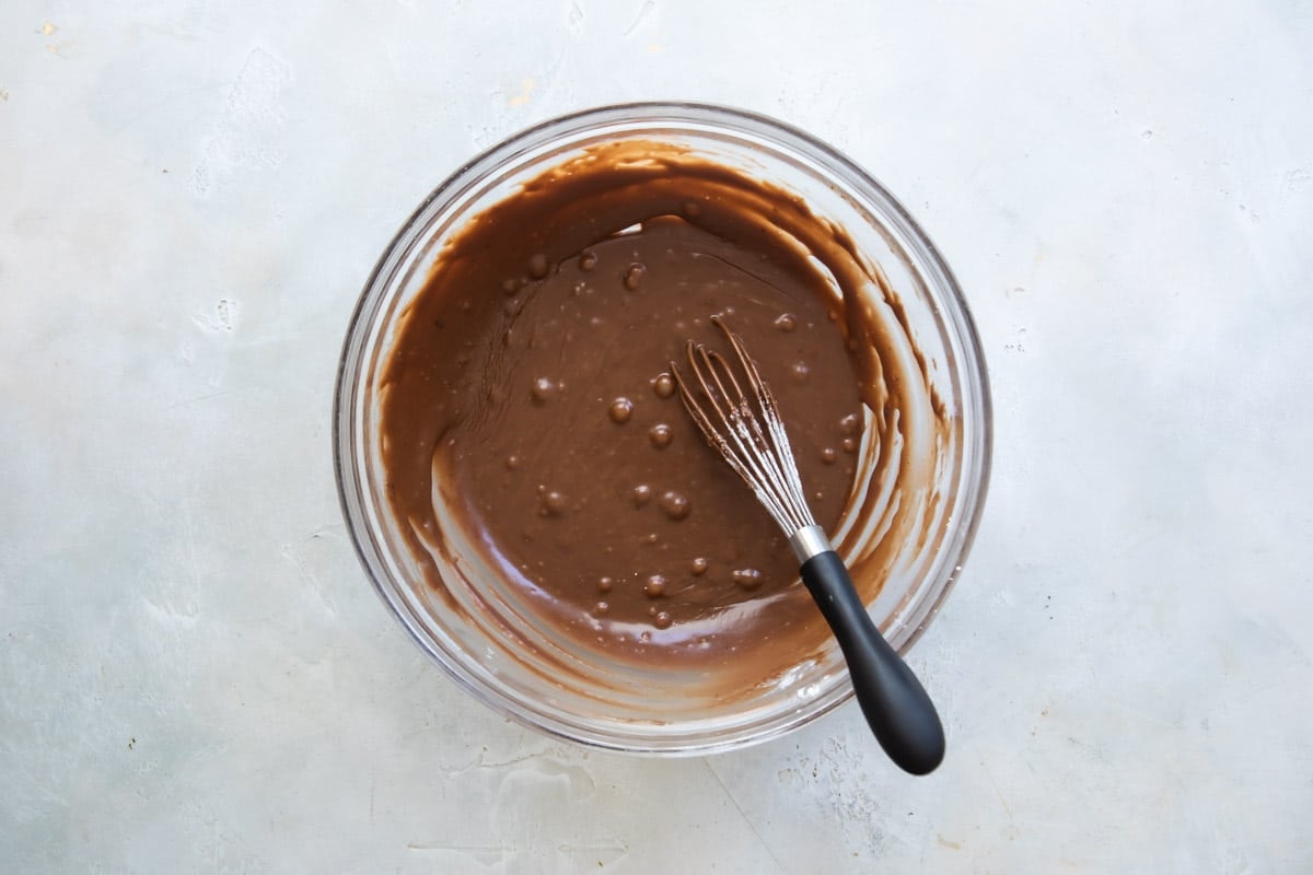 Cake batter for Texas sheet cake in a bowl.