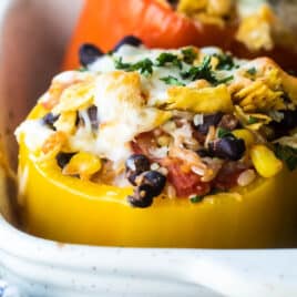 Vegetarian stuffed peppers in a white baking dish.
