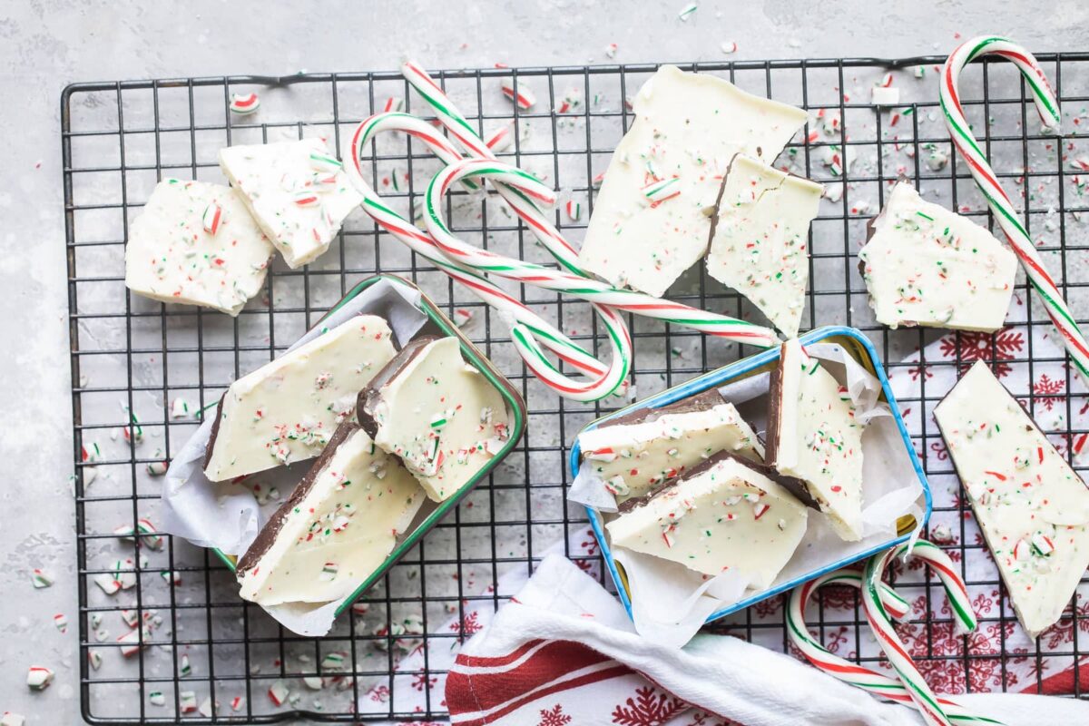 Peppermint bark in a tin on a cooling rack.