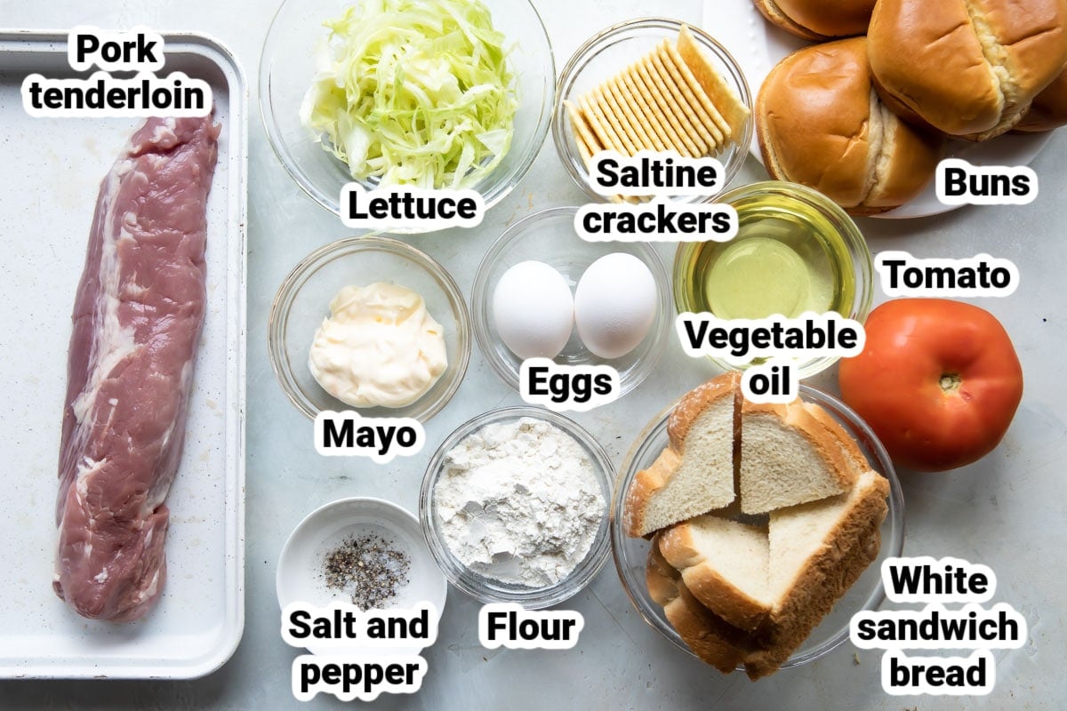 Labeled ingredients for a pork tenderloin sandwich.