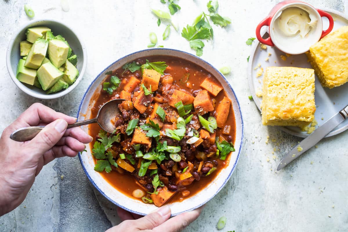 A bowl of sweet potato chili.