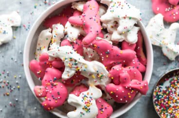 Circus animal cookies in a white bowl.
