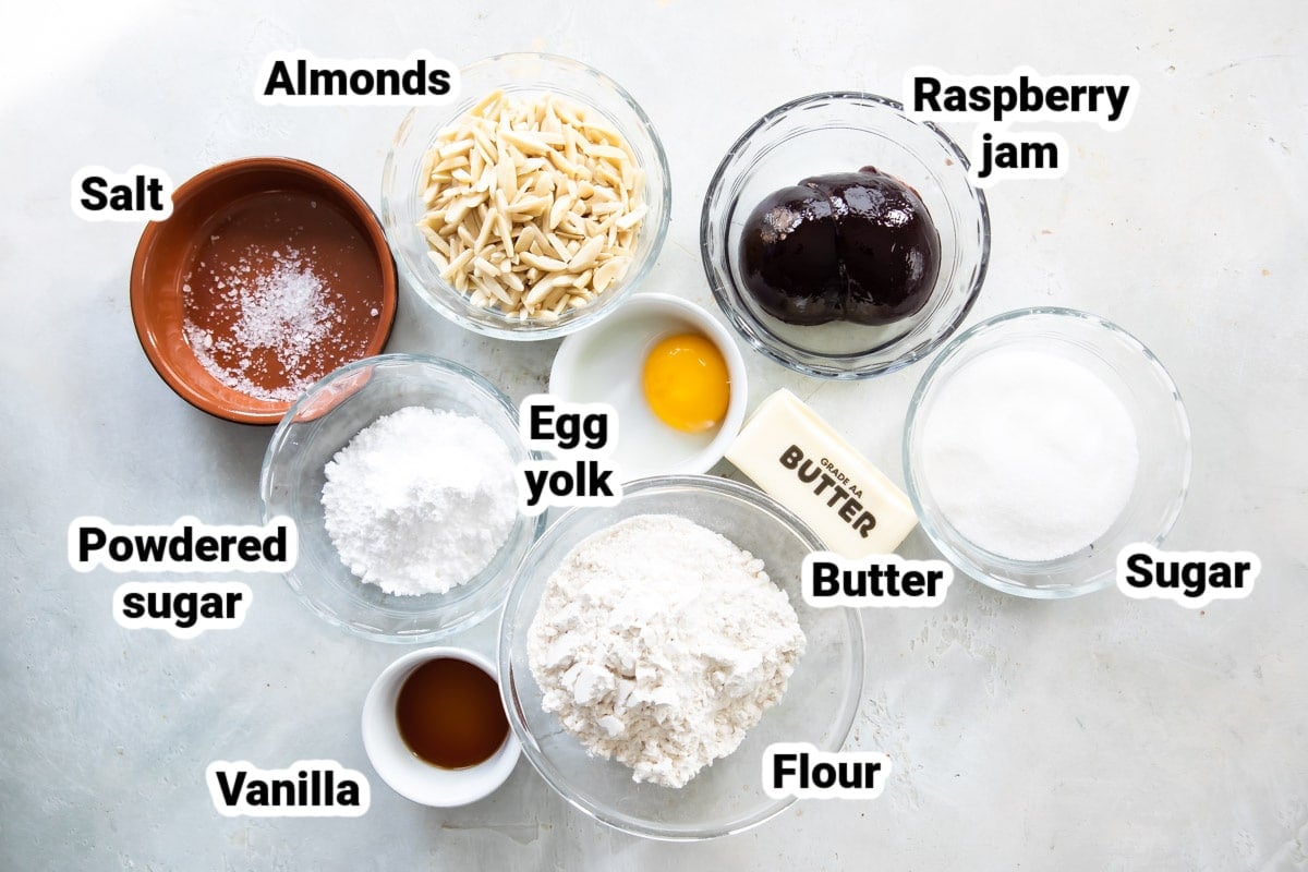 Linzer cookie ingredients labeled.