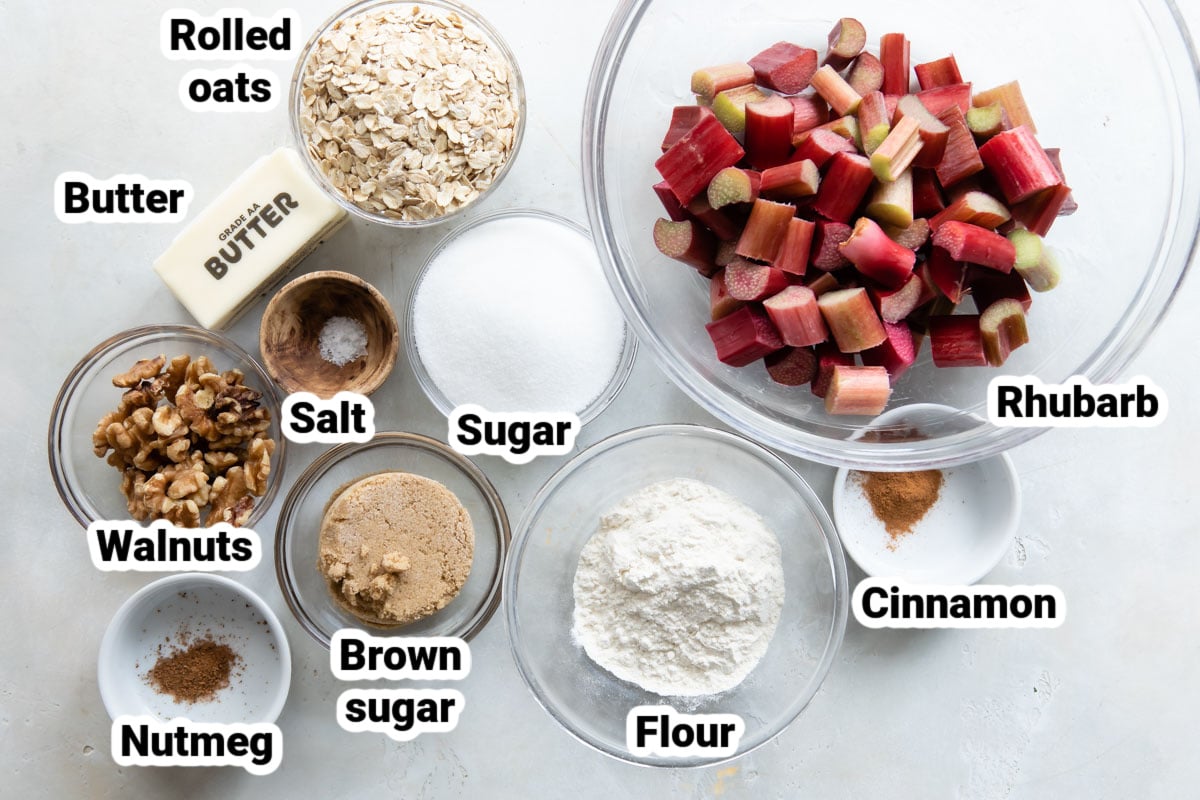 Labeled ingredients for rhubarb crisp.