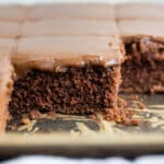 A pan of Texas sheet cake cut into squares and some squares removed from the pan.