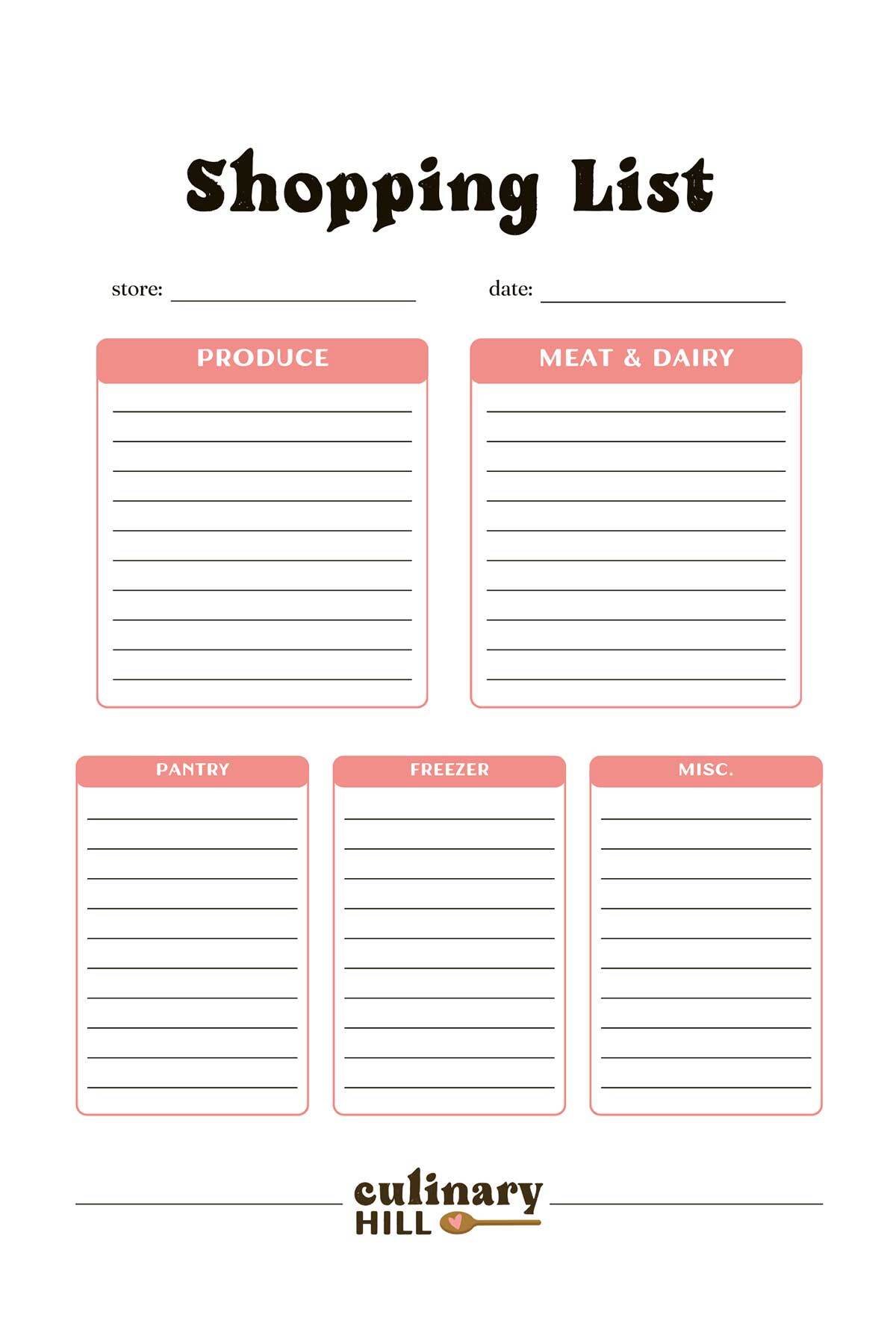 A printable shopping list from Culinary Hill.