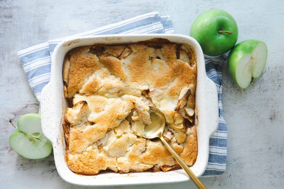 A baking dish of apple cobbler.