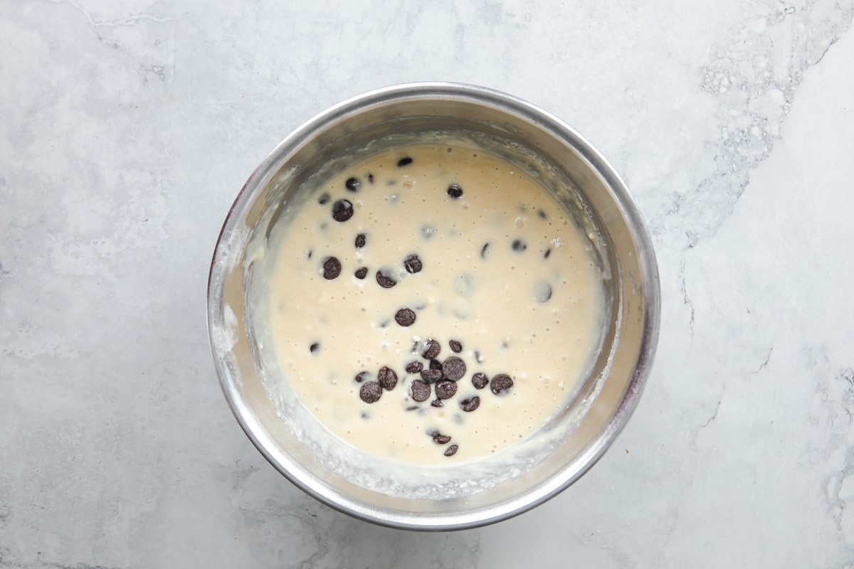 A bowl of chocolate chip muffin batter.