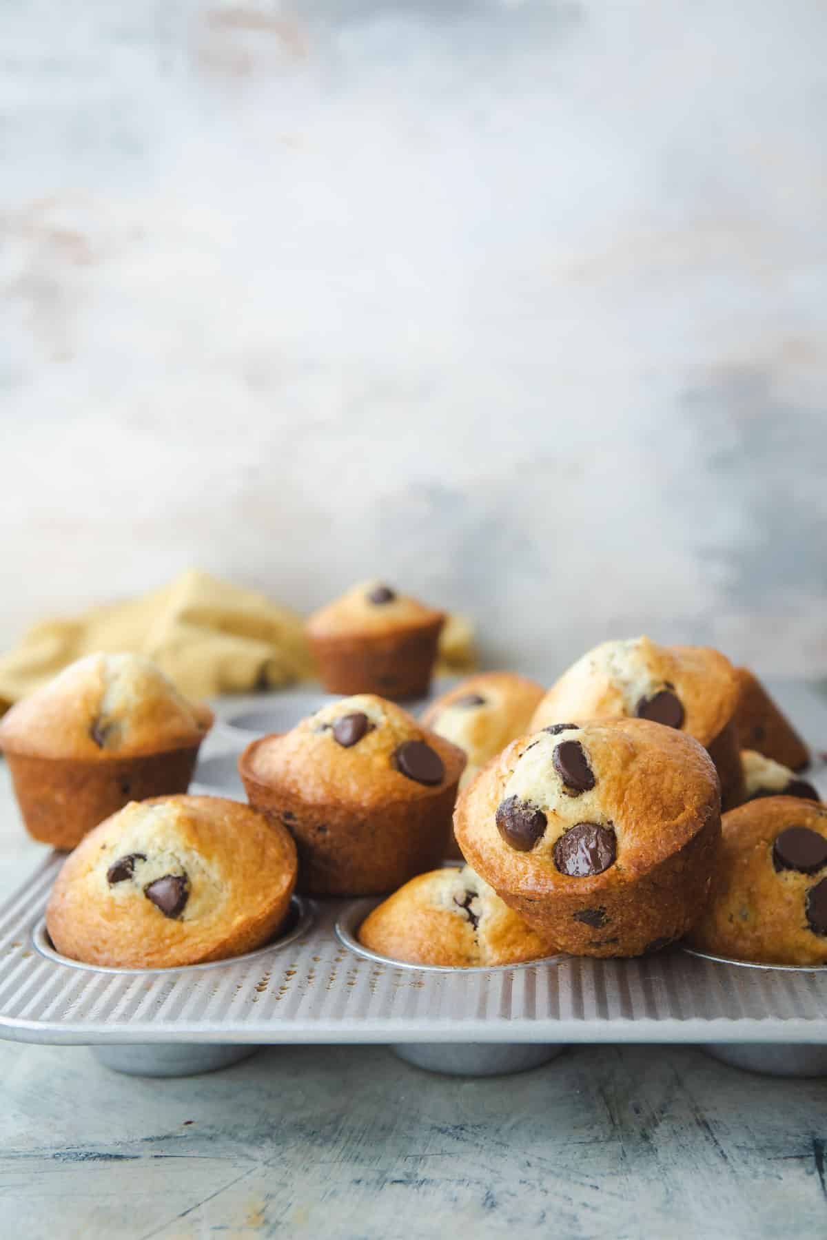 A pan of chocolate chip muffins.