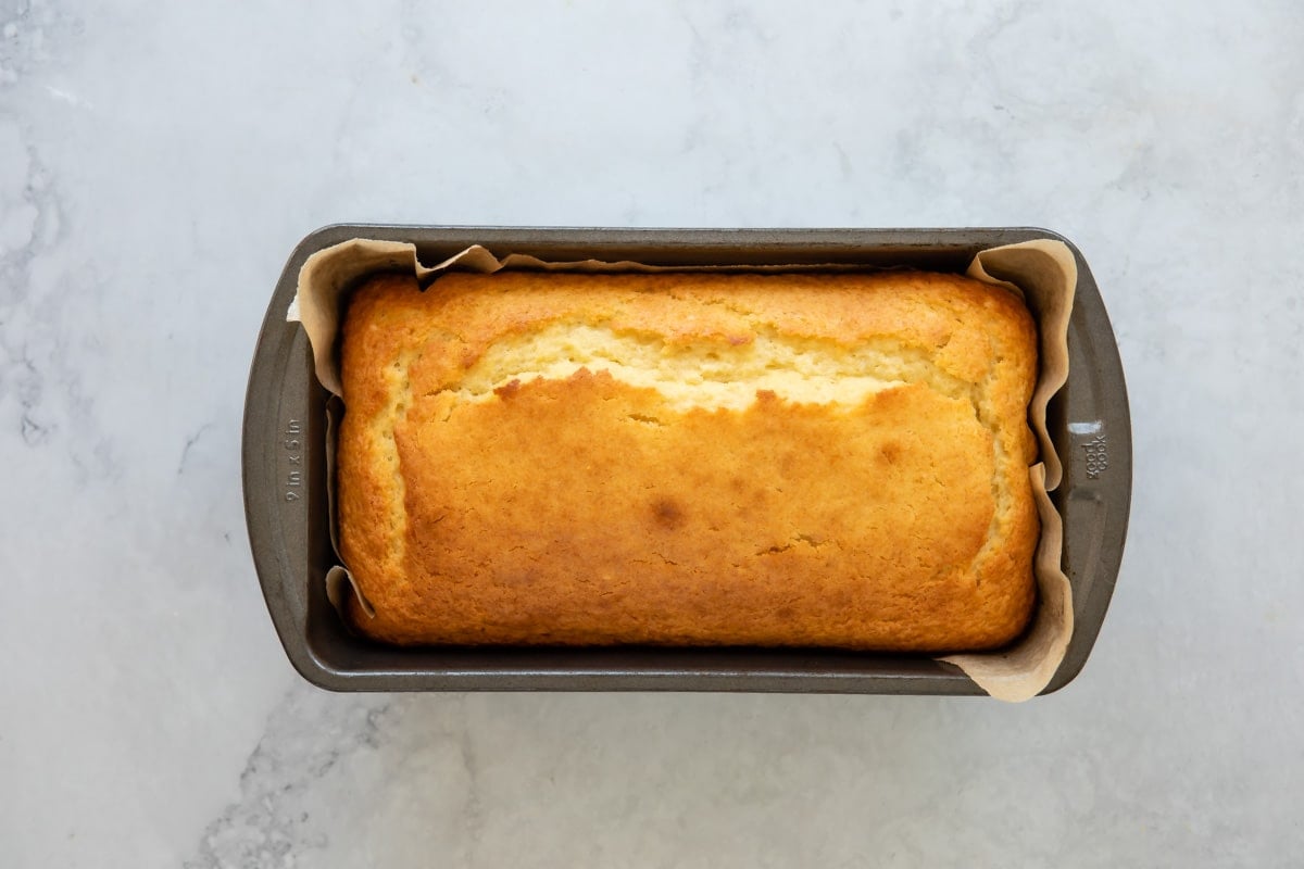 Lemon yogurt cake in a loaf pan.
