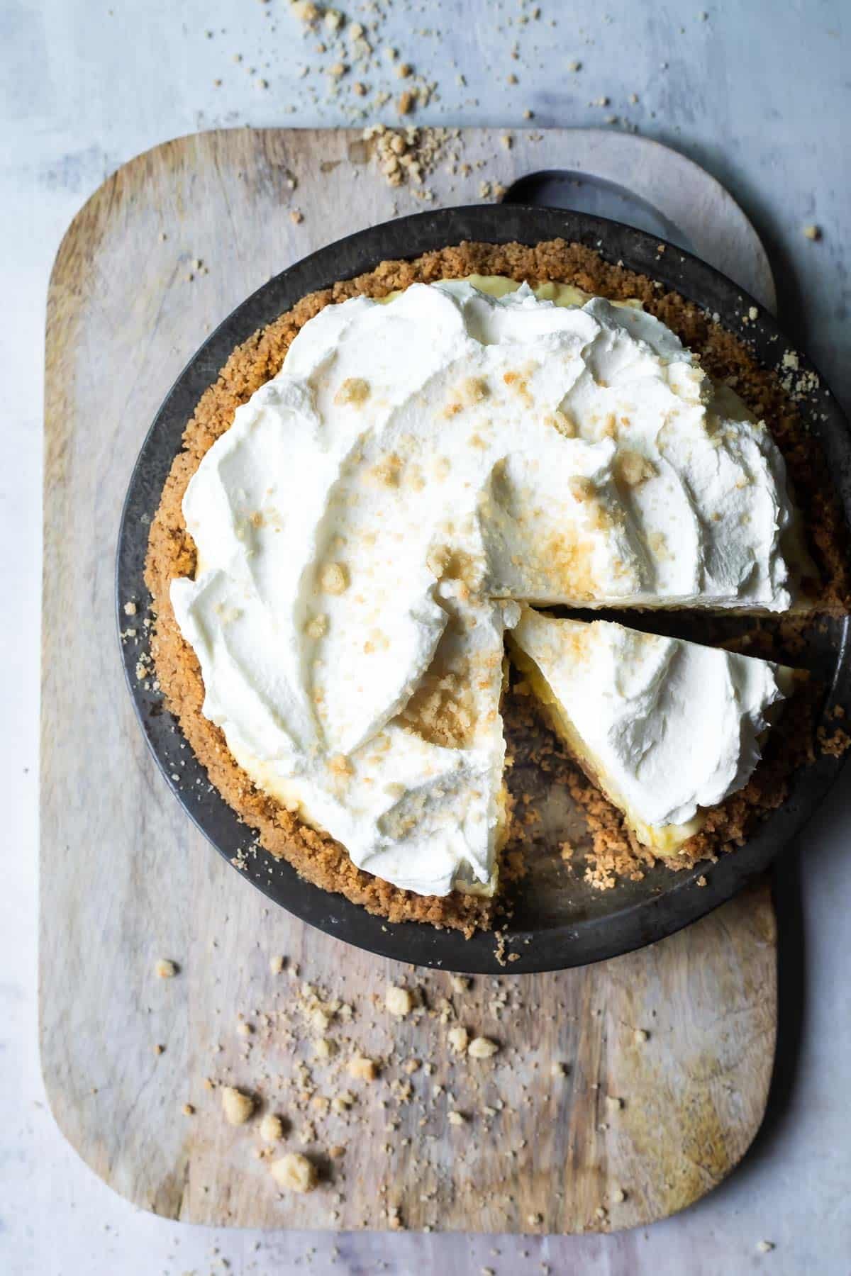 A millionaire pie with a slice removed.