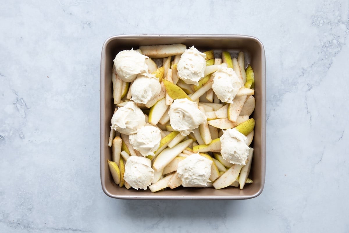 An unbaked pear cobbler.