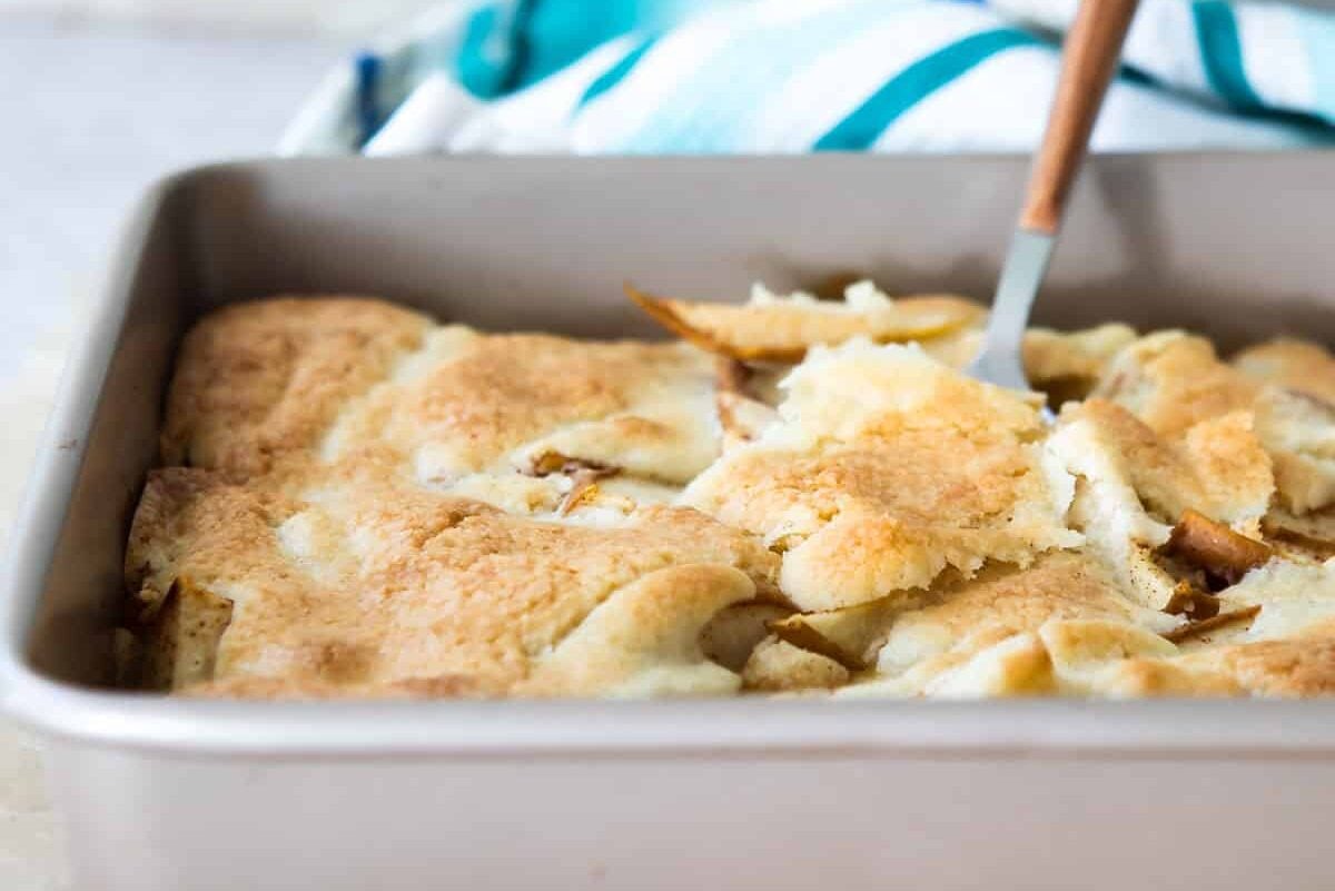 A baking dish of pear cobbler.