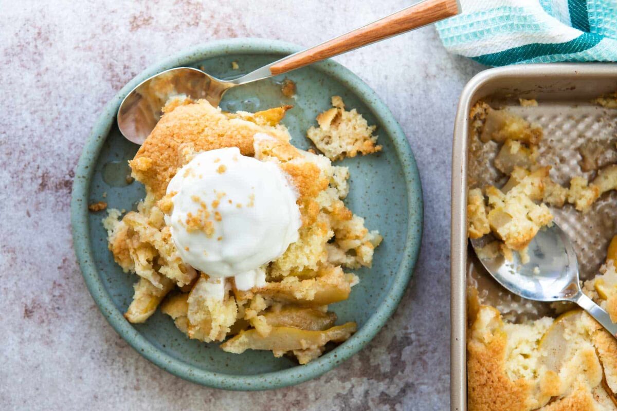 A dish of pear cobbler.