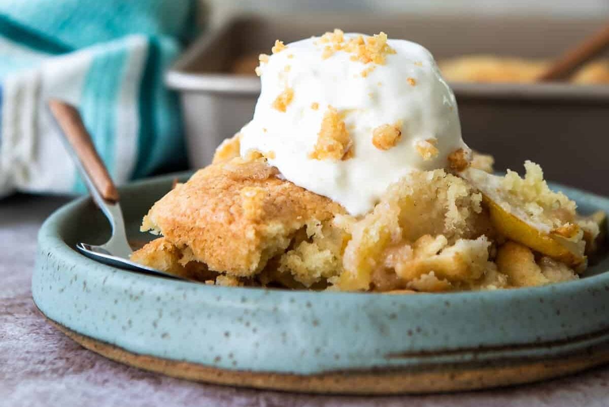 A dish of pear cobbler.