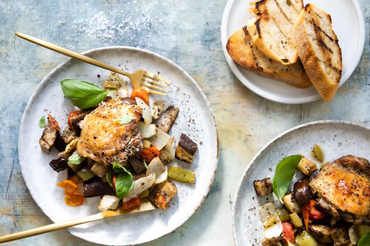 Italian-flavored roasted chicken on a sheet pan with veggies.