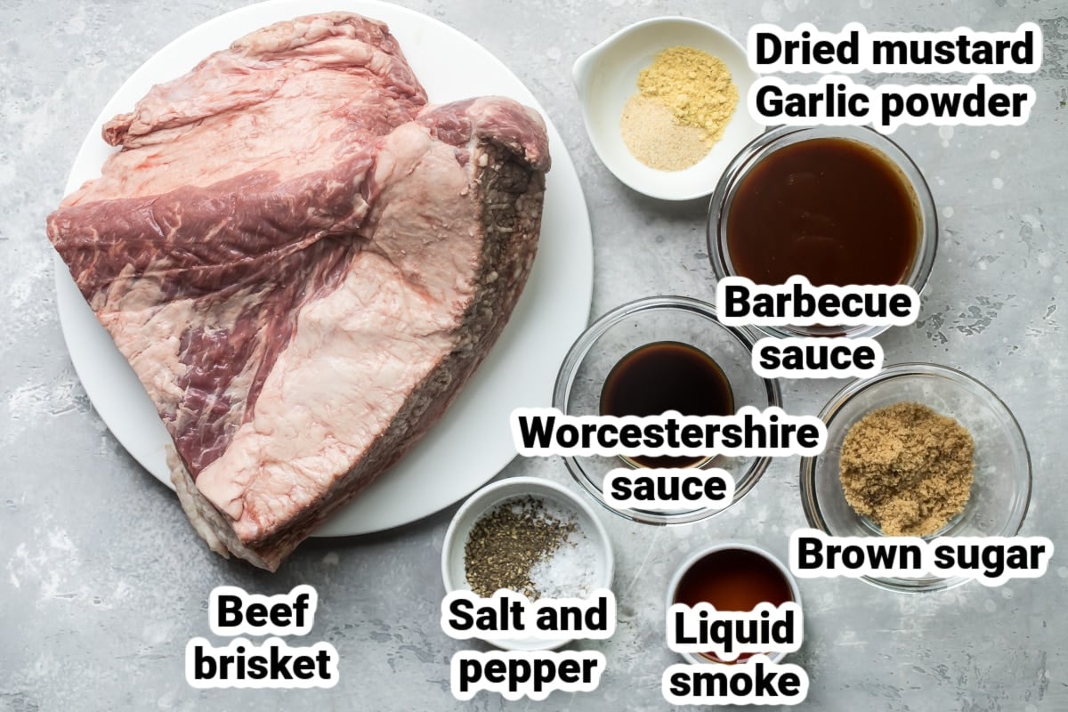 Labeled ingredients for slow cooker beef brisket.