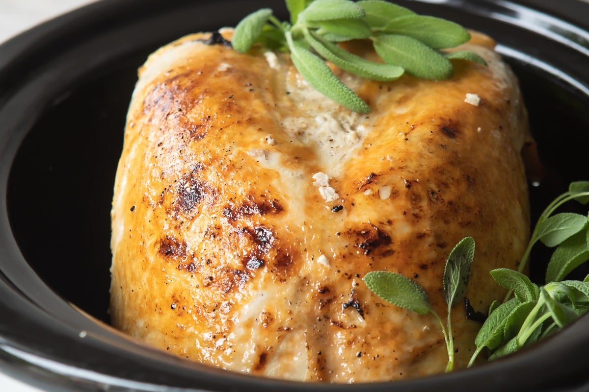 A turkey breast in a crock pot.