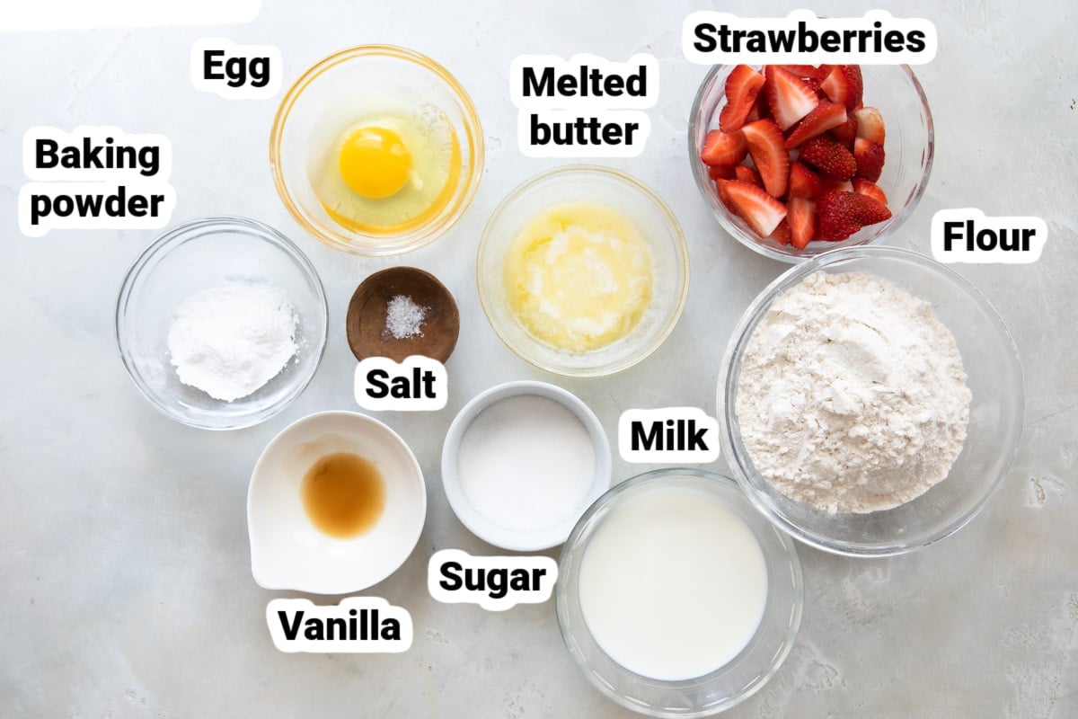 Labeled ingredients for strawberry pancakes.