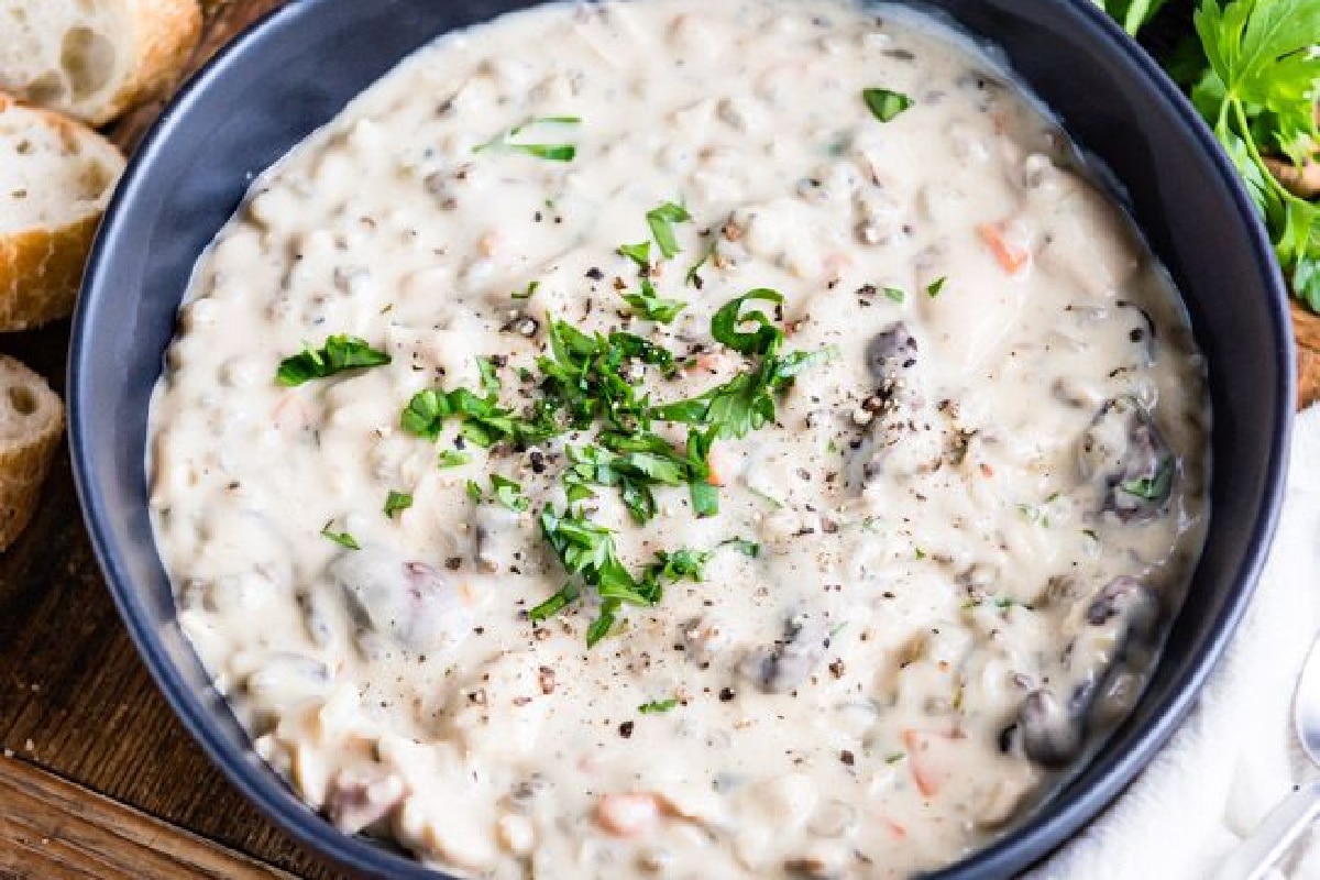 A bowl of turkey wild rice soup.