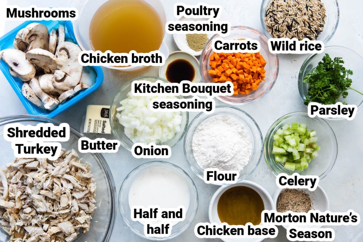 Labeled ingredients for turkey wild rice soup.