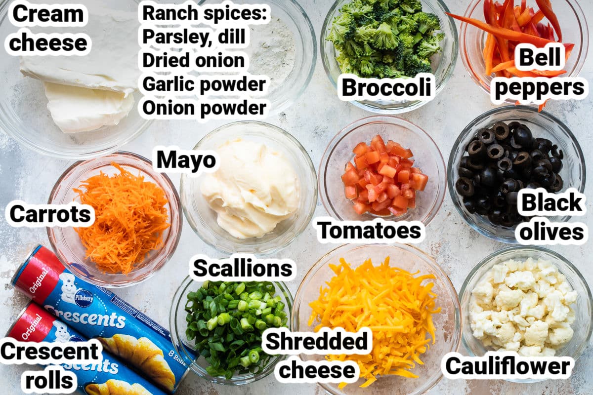 Labeled ingredients for veggie pizza.