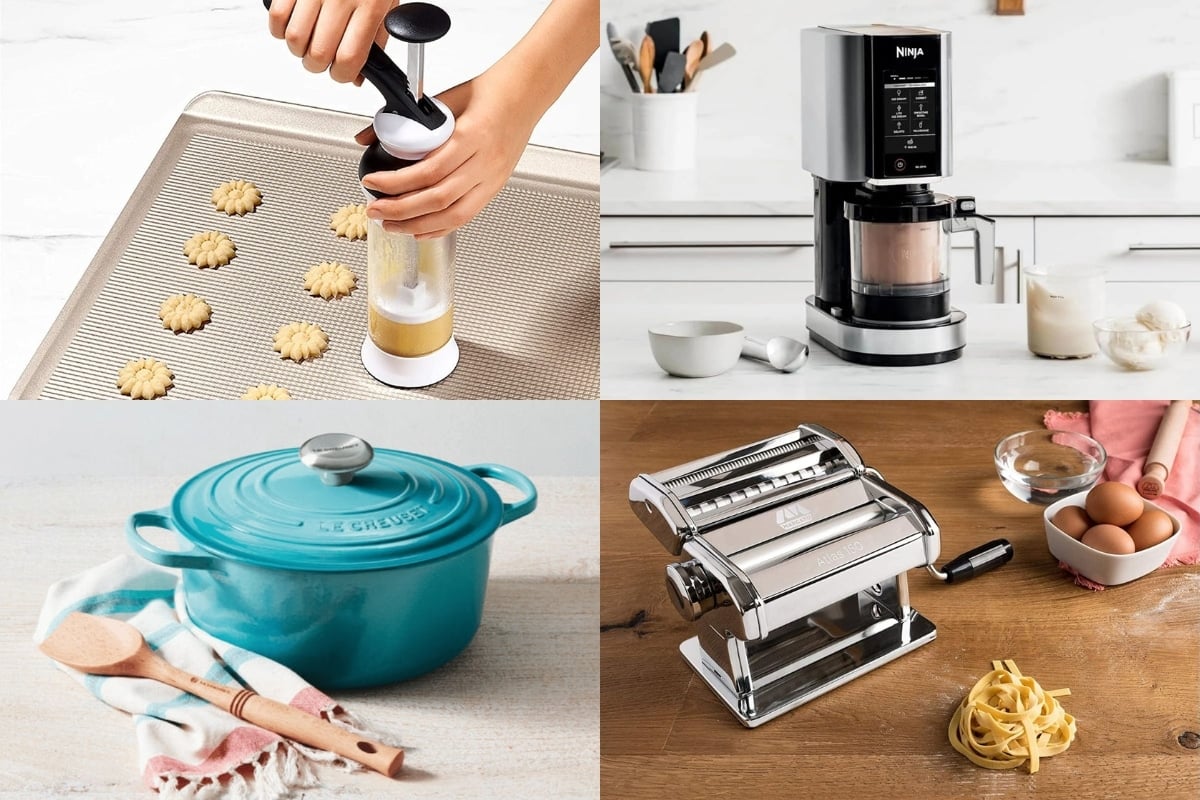 A cookie press, ice cream maker, dutch oven, and pasta maker