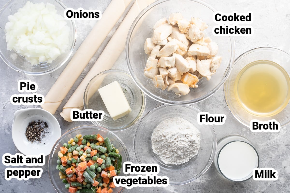 Ingredients labeled for chicken pot pie.