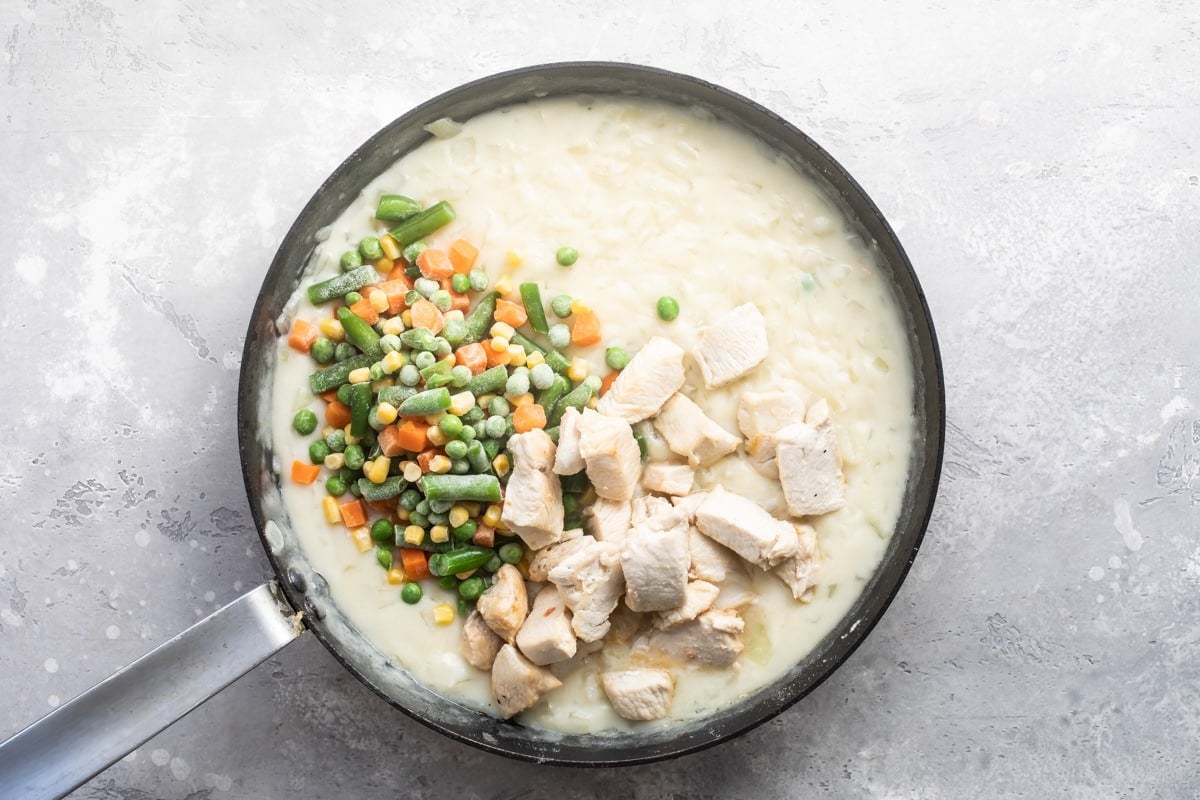 Making the filling for chicken pot pie.
