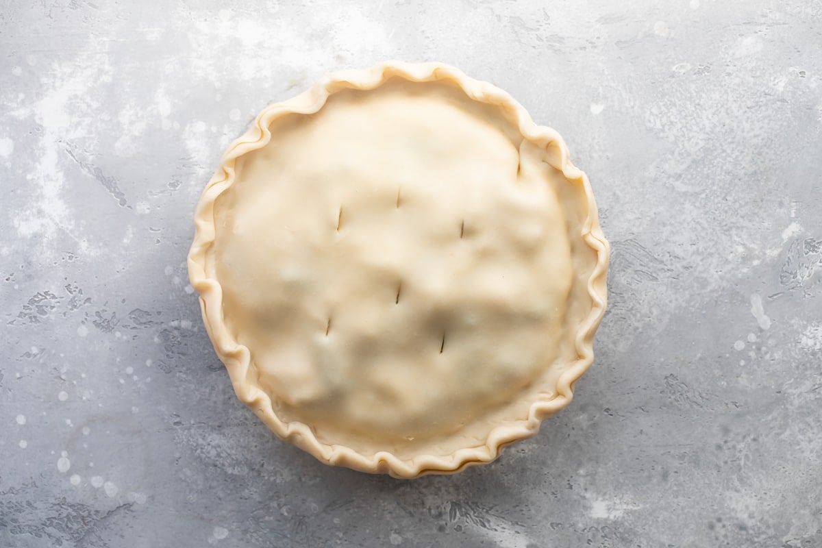 An unbaked chicken pot pie.