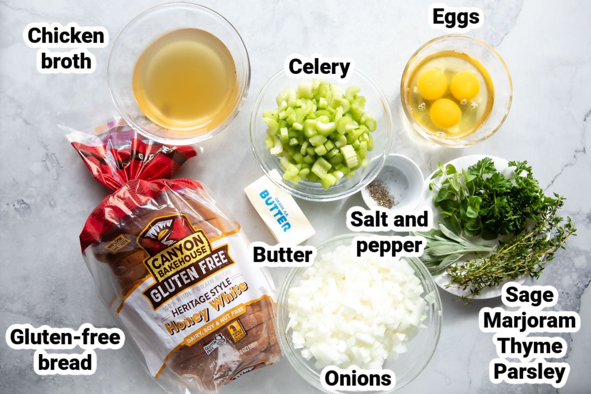 Labeled ingredients for gluten free stuffing.