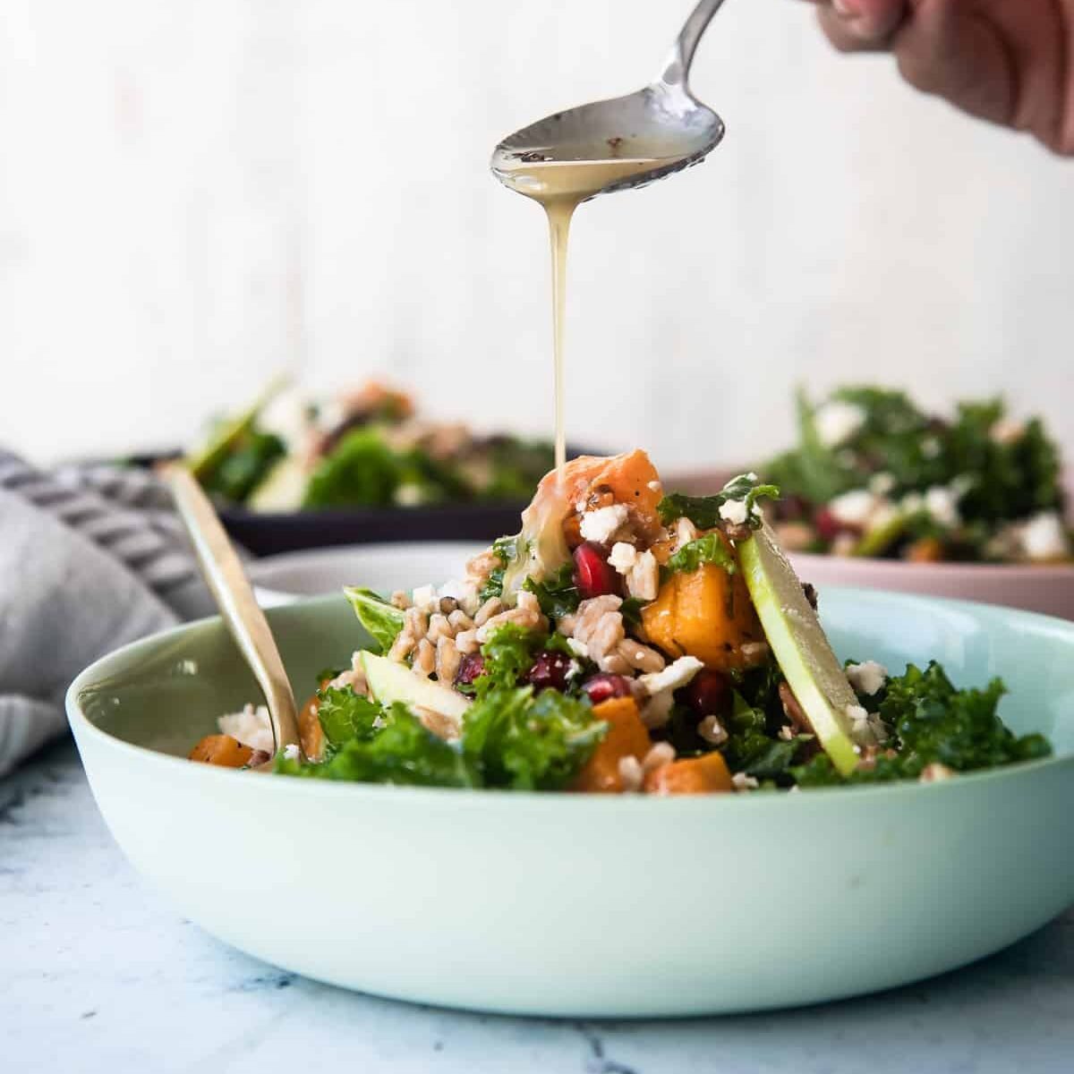 A harvest bowl with farro and kale.