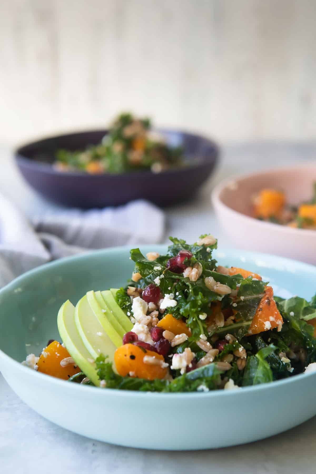 A harvest bowl with farro and kale.