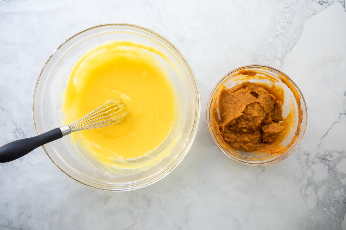 Mixing the filling for no-bake pumpkin pie.