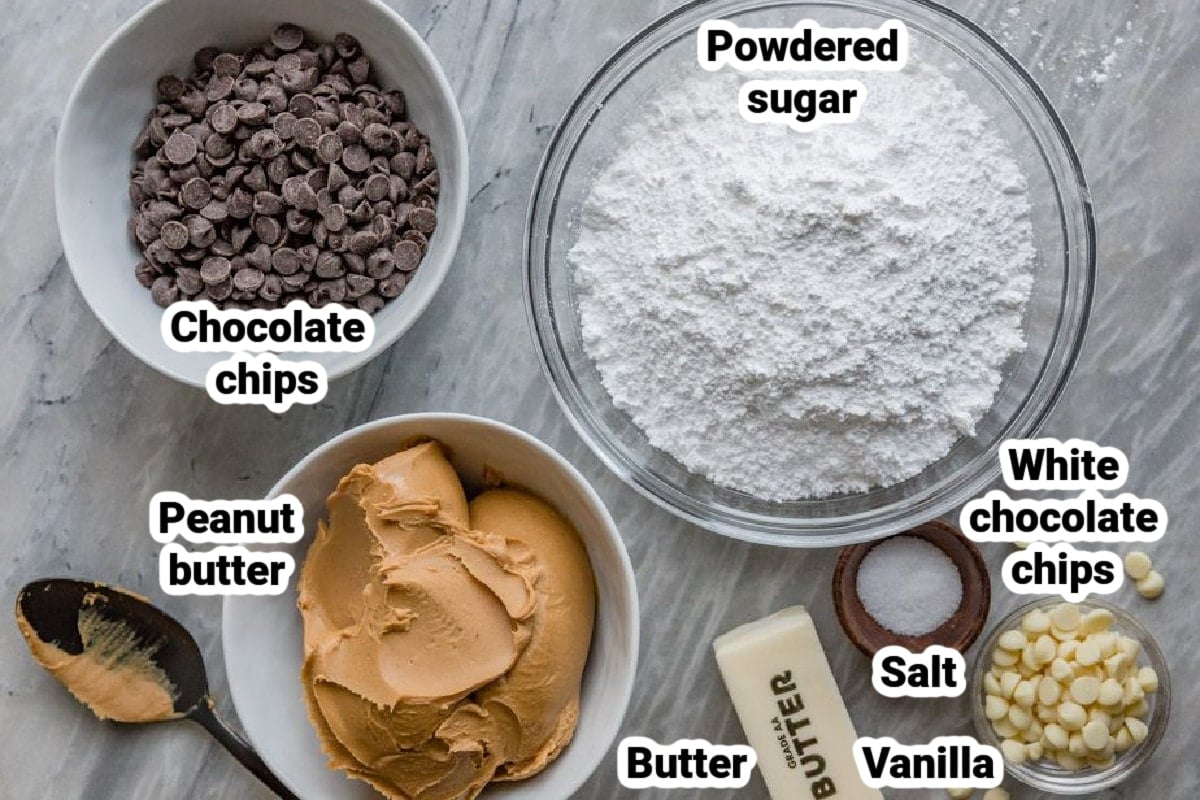 Labeled ingredients for peanut butter buckeyes.