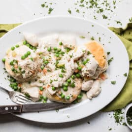 Turkey a la King on a white platter.