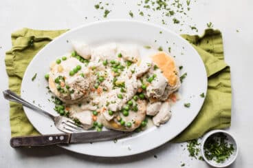 Turkey a la King on a white platter.
