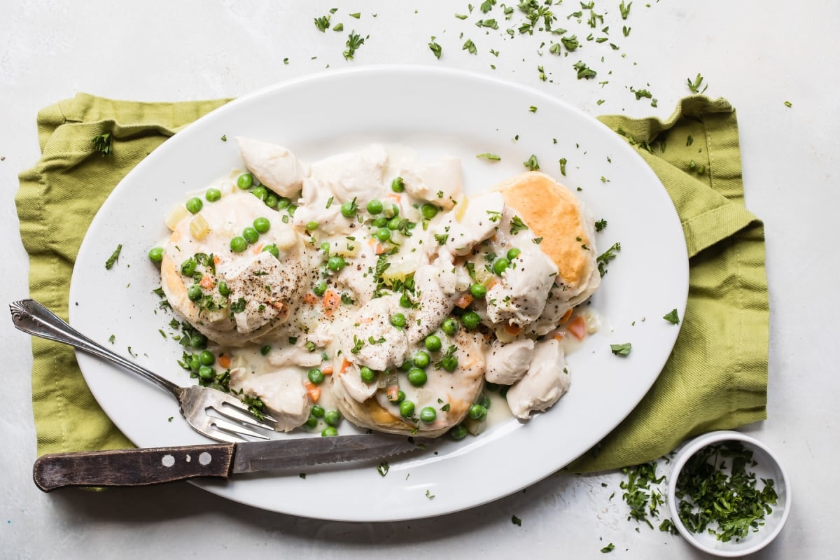 Turkey a la King on a white platter.