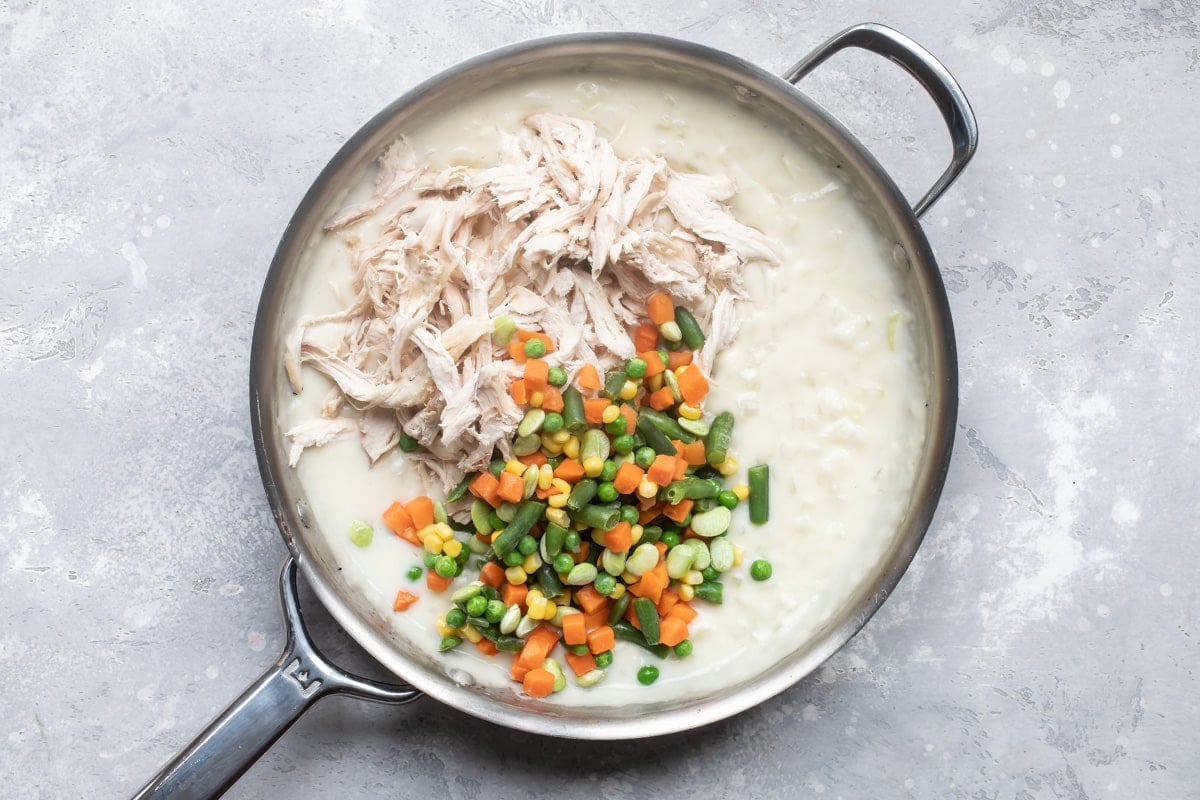 Making the filling for turkey pot pie.
