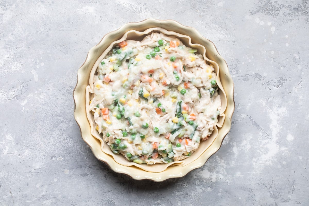 Unbaked pie crust with turkey pot pie filling inside.