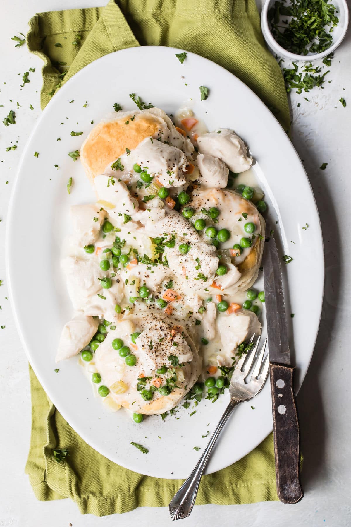 Turkey a la King on a white platter.